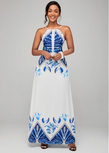 Rosewe Cocktail Party Dress High Waist Tribal Print Spaghetti Strap Dress - S