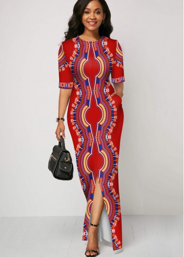 Rosewe Cocktail Party Dress Dashiki Print Round Neck Half Sleeve Dress - S