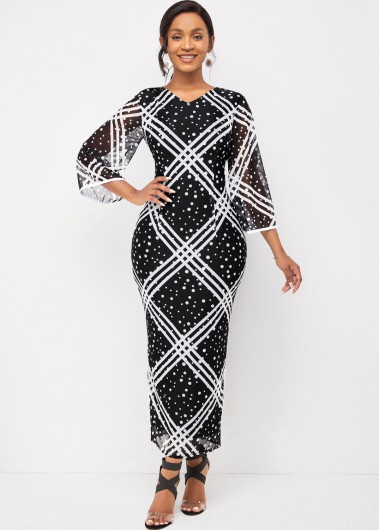 Rosewe Black Dresses Flare Sleeve V Neck Striped and Polka Dot Dress - L
