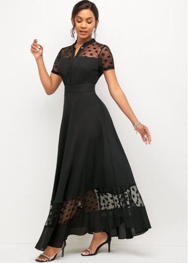 Rosewe Black Dresses Mesh Stitching Short Sleeve Polka Dot Dress - L