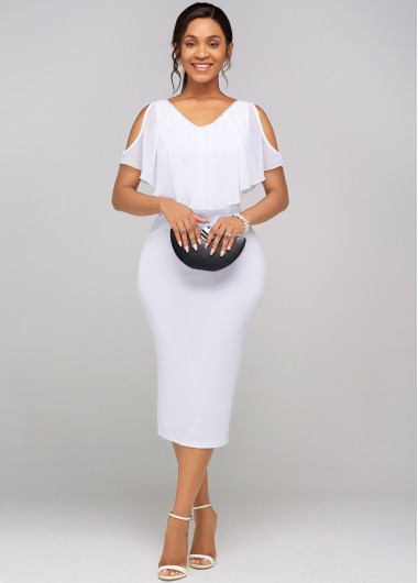Rosewe White Dresses Cold Shoulder Chiffon Cape Sleeve Dress - S