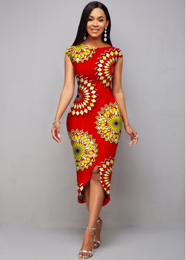 Rosewe Red Dresses Tribal Print Asymmetric Hem Sleeveless Round Neck Dress - L
