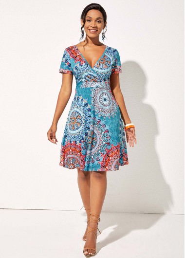 Rosewe Wedding Guest Dress Tribal Print Short Sleeve V Neck Dress - 2XL