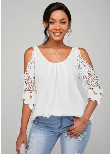 Rosewe Round Neck Lace Stitching Cold Shoulder Blouse - S