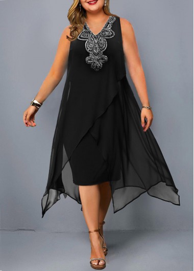 Rosewe Sleeveless Plus Size Embellished Neck Dress - 3X