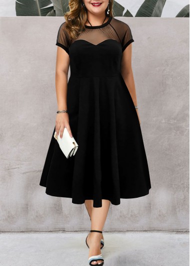 Rosewe V Back Plus Size Mesh Stitching Dress - 3X