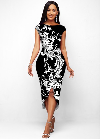 Rosewe Cocktail Party Dress Baroque Print Round Neck Contrast Dress - XL