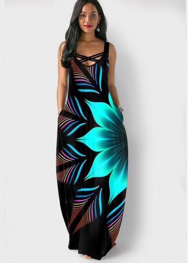 Rosewe Cocktail Party Dress Floral Print Wide Strap Double Pocket Cross Strap Dress - M