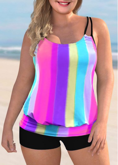 Rosewe Plus Size Rainbow Stripe Spaghetti Strap Tankini Set - 1X