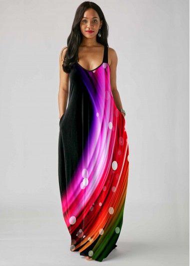 Rosewe Black Dresses Double Pocket Colorful Wide Strap Dress - L