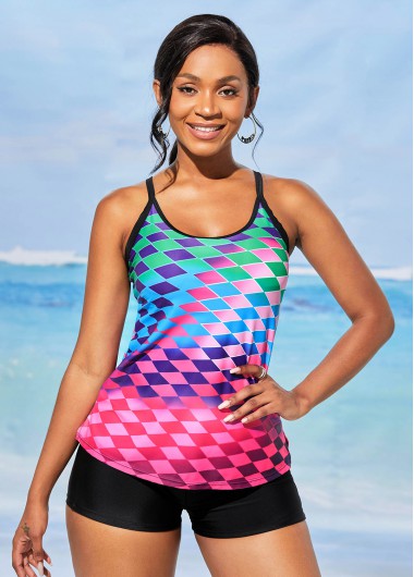 Rosewe Plaid Ombre Cross Strap Tankini Set - M