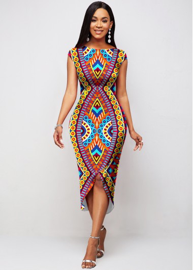 Rosewe Cocktail Party Dress Short Sleeve Tribal Print Round Neck Dress - XXL