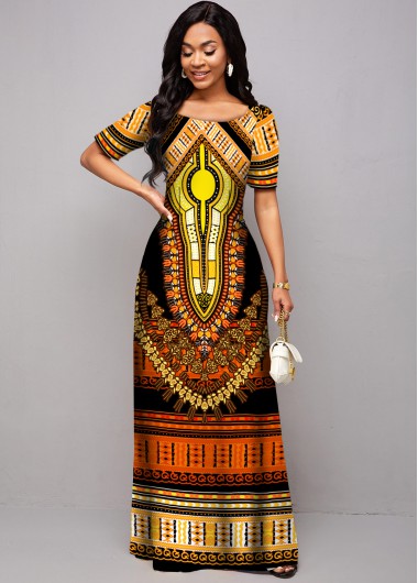 Rosewe Cocktail Party Dress Short Sleeve Tribal Print Round Neck Dress - M