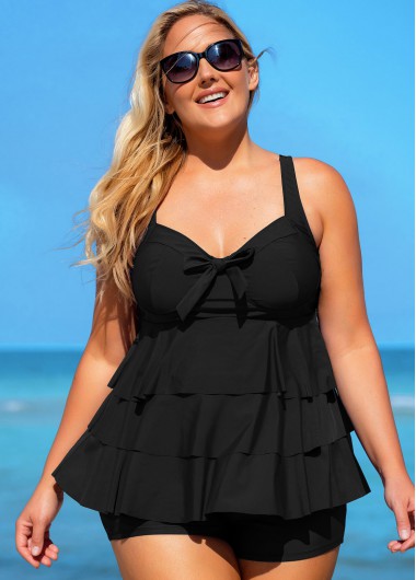 Rosewe Layered Hem Solid Bowknot Plus Size Swimdress and Shorts - 3X