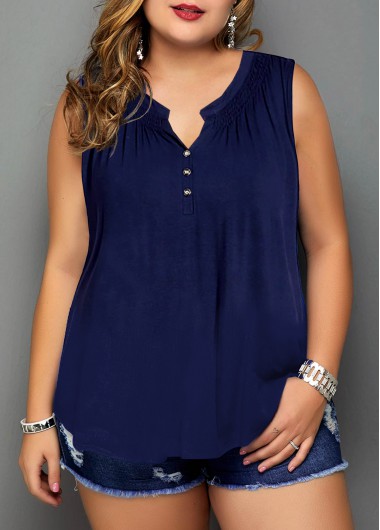 Rosewe Decorative Button Plus Size Split Neck Solid Tank Top - 1X