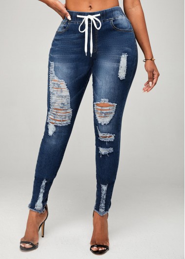 Rosewe Drawstring Detail Shredded Skinny Mid Waist Jeans - L