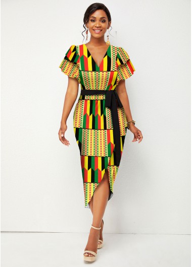 Rosewe Cocktail Party Dress Tribal Print Belted Short Sleeve V Neck Dress - S