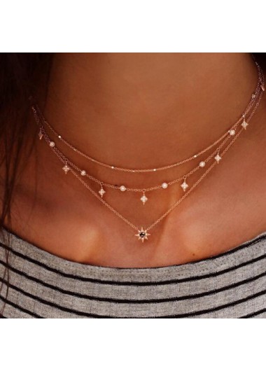 Rosewe Fashion Layered Rhinestone Detail Hexagram Design Necklace - One Size