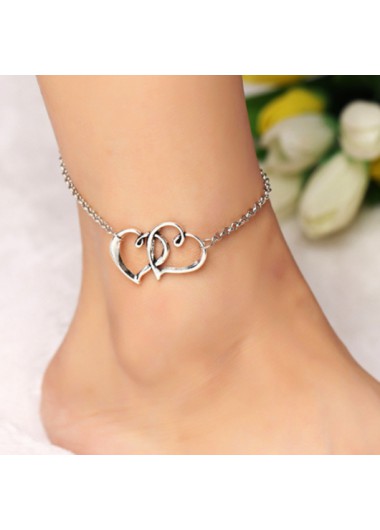 Rosewe Chic Silver Double Heart Design Metal Detail Anklet - One Size