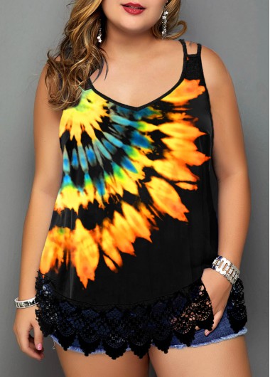 Rosewe Tie Dye Print Lace Stitching Plus Size Camisole Top - 1X