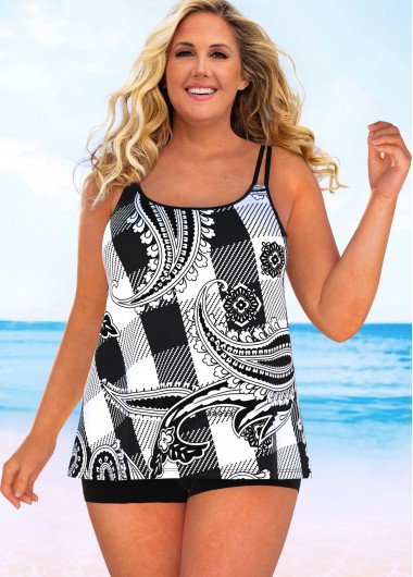 Rosewe Paisley Print Double Straps Plus Size Tankini Set - 1X