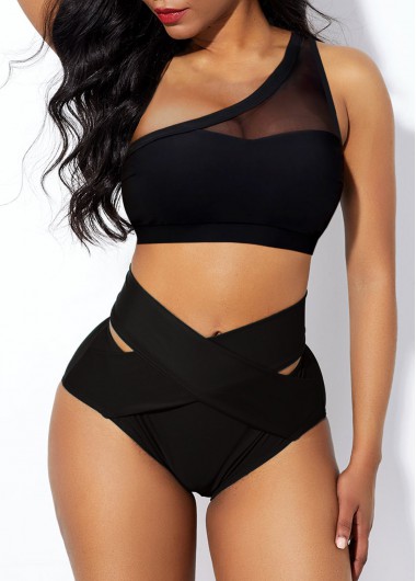 Rosewe Solid Mesh Stitching High Waist Bikini Set - XXL