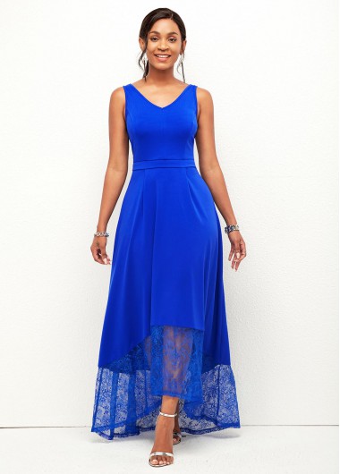 Rosewe Cocktail Party Dress Asymmetric Hem Lace Stitching Wide Strap Dress - M