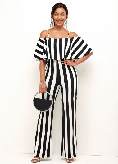 Rosewe Flounce Monochrome Stripe Strappy Cold Shoulder Jumpsuit - XXL