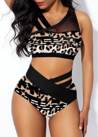 Rosewe Mesh Stitching High Waisted Leopard Bikini Set - XXL