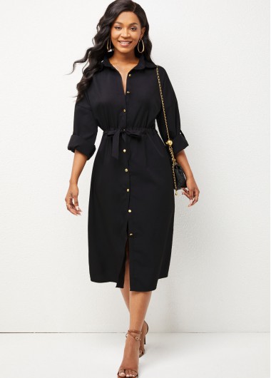 Rosewe Black Dresses Drawstring Waist Turndown Collar Button Up Dress - M
