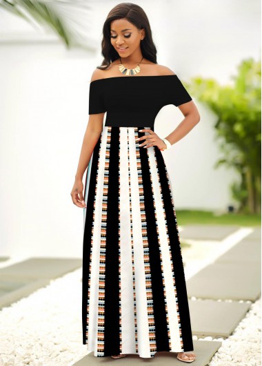 Rosewe Cocktail Party Dress Contrast Striped Off Shoulder Short Sleeve Dress - XL