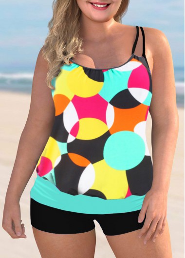 Rosewe Double Straps Plus Size Geometric Print Tankini Set - 3X
