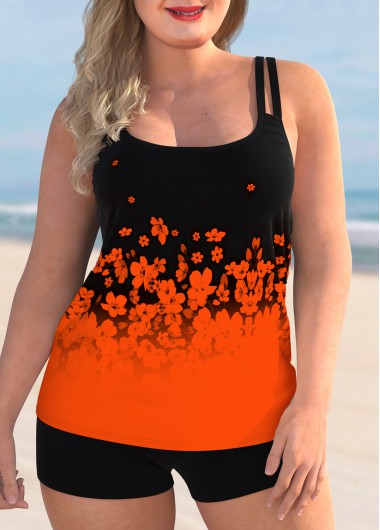 Rosewe Double Straps Plus Size Floral Print Tankini Set - 1X