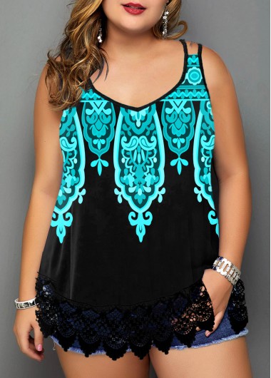 Rosewe Lace Trim Plus Size Tribal Print Camisole Top - 2X