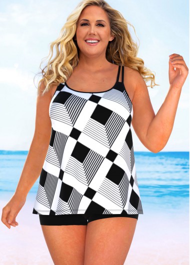 Rosewe Wide Strap Plus Size Geometric Print Tankini Set - 3X