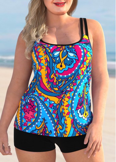 Rosewe Double Straps Plus Size Paisley Print Tankini Set - 2X