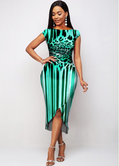Rosewe Cocktail Party Dress Leopard Short Sleeve Asymmetric Hem Dress - XXL