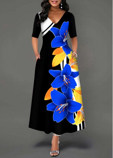 Rosewe Cocktail Party Dress Half Sleeve Floral Print V Neck Dress - M