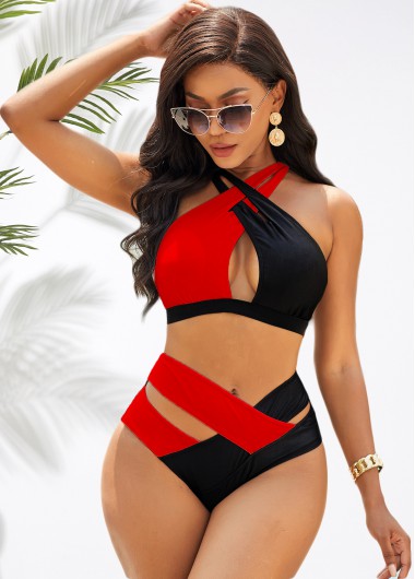 Rosewe High Waist Contrast Cross Strap Bikini Set - XXL