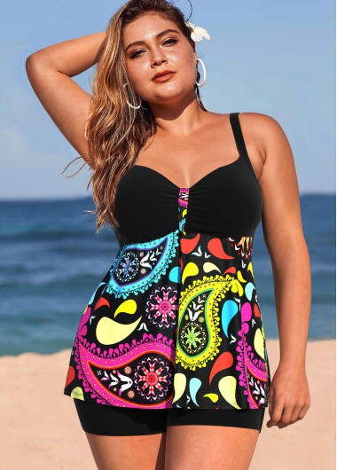 Rosewe Plus Size Paisley Print Colorful Tankini Set - 2X