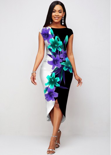 Rosewe Black Dresses Asymmetric Hem Floral Print Short Sleeve Dress - S
