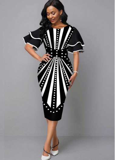 Rosewe Cocktail Party Dress Radial Print Round Neck Sheath Dress - M