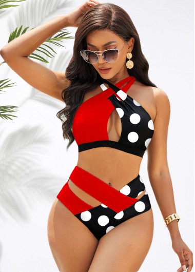 Rosewe Cross Strap Polka Dot Contrast Bikini Set - XL