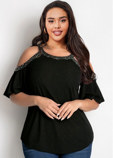 Rosewe Plus Size Sequin Cold Shoulder T Shirt - 3X