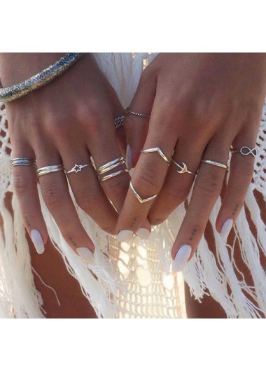 Rosewe Stylish Metal Detail Bowknot and Star Design Silver Ring Set - One Size