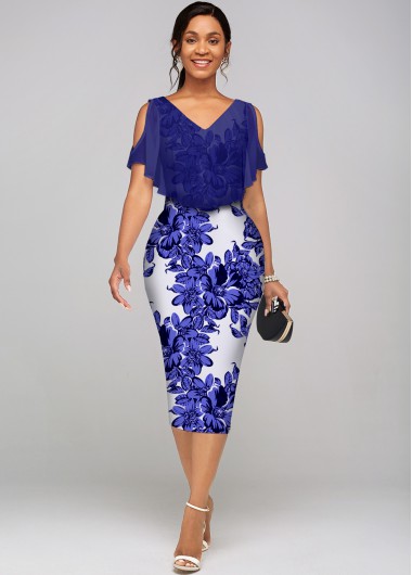 Rosewe Cocktail Party Dress Cold Shoulder V Neck Floral Print Dress - XXL