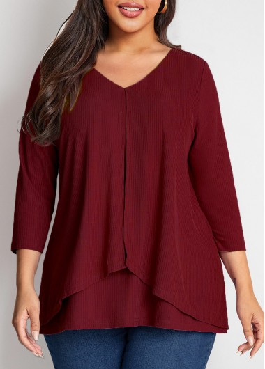 Rosewe Solid Faux Two Piece Plus Size T Shirt - 2X