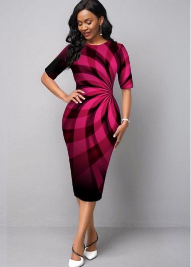 Rosewe Cocktail Party Dress Geometric Print Ombre Round Neck Dress - M