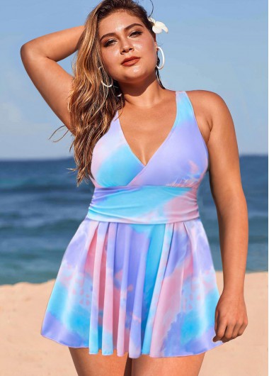 Rosewe Tie Dye Print Cross Strap Plus Size Swimdress and Panty - 2X