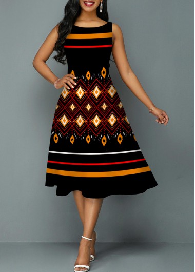 Rosewe Skater Dresses Sleeveless Geometric Print Tribal Print Round Neck Dress - XL